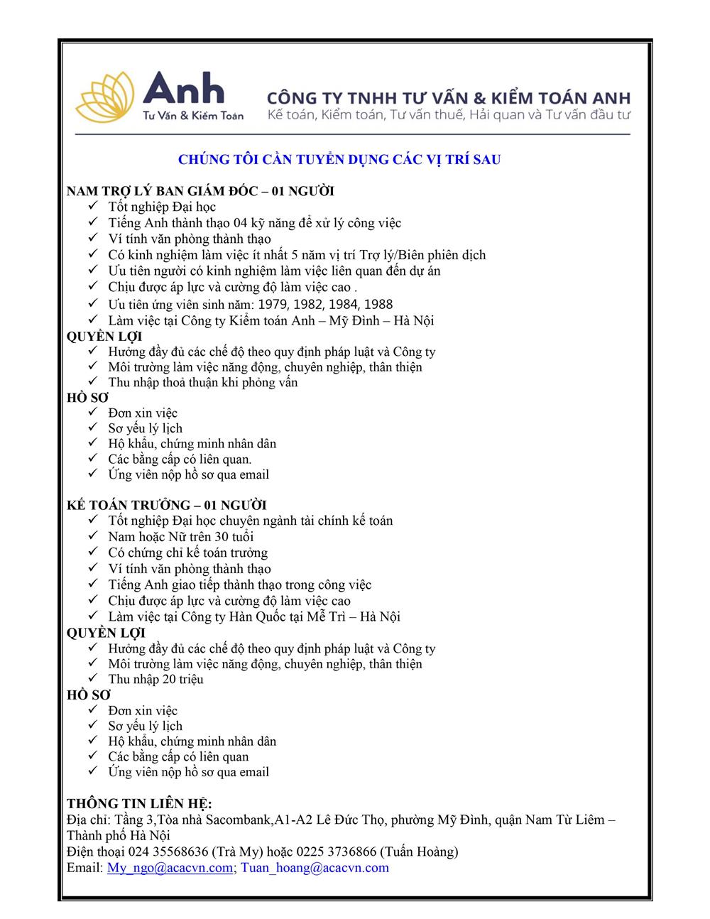 THÔNG TIN TUYỂN DỤNG NHÂN SỰ 2021 - NAM TRỢ LÝ - KẾ TOÁN TRƯỞNG 